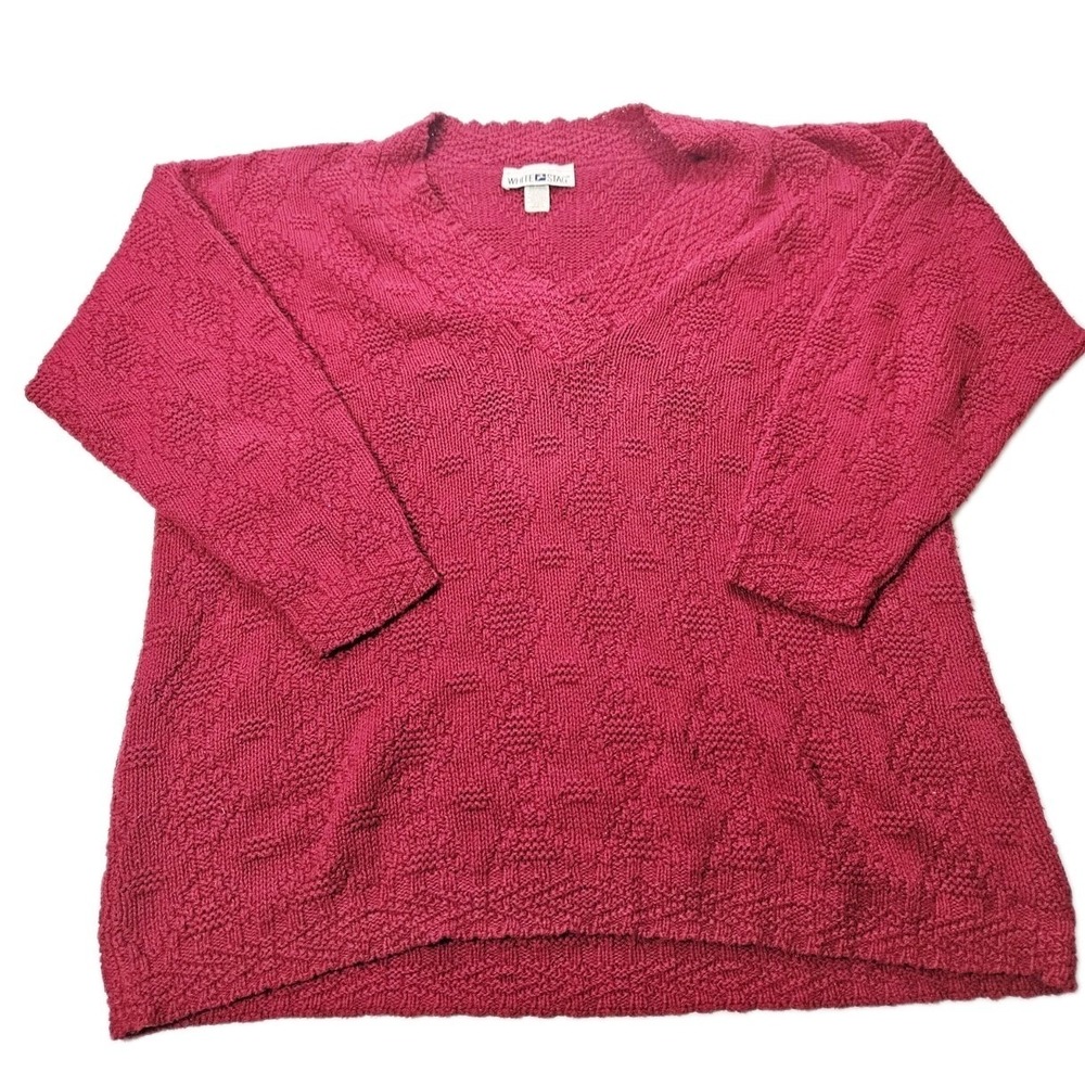 Vintage 80s White Stag Red V-Neck Textured Long‎ Sleeve Sweater Size Large